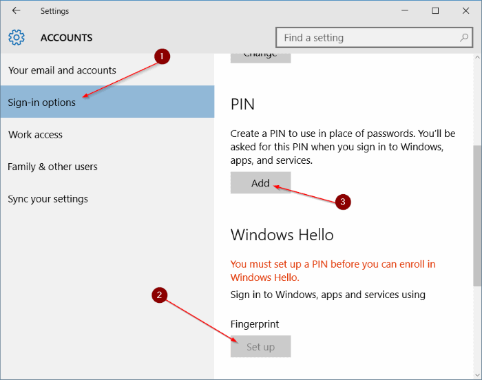 Vào Accounts > Sign-in Options và cài đặt mã PIN đăng nhập cho máy