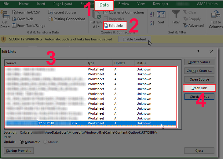 Mở Excel > Chọn Data > Chọn Edit Links > Chọn link liên kết mà bạn muốn xóa > Chọn Break Link.