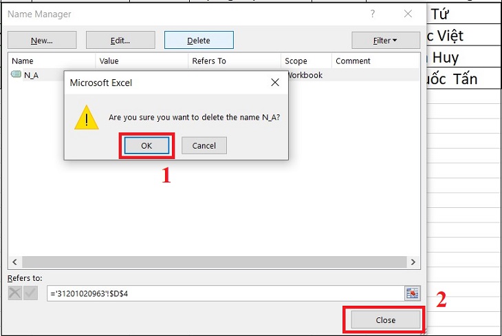 Nhấn OK đễ xác nhận xóa named range.