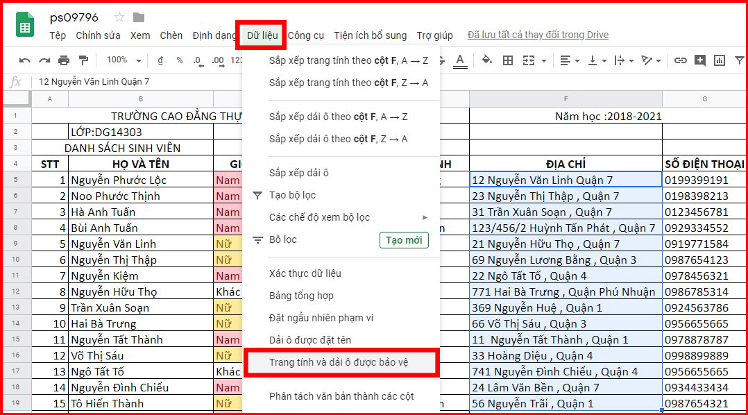 Nhấp vào Dữ Liệu > Chọn Trang tính và dải ô được bảo vệ