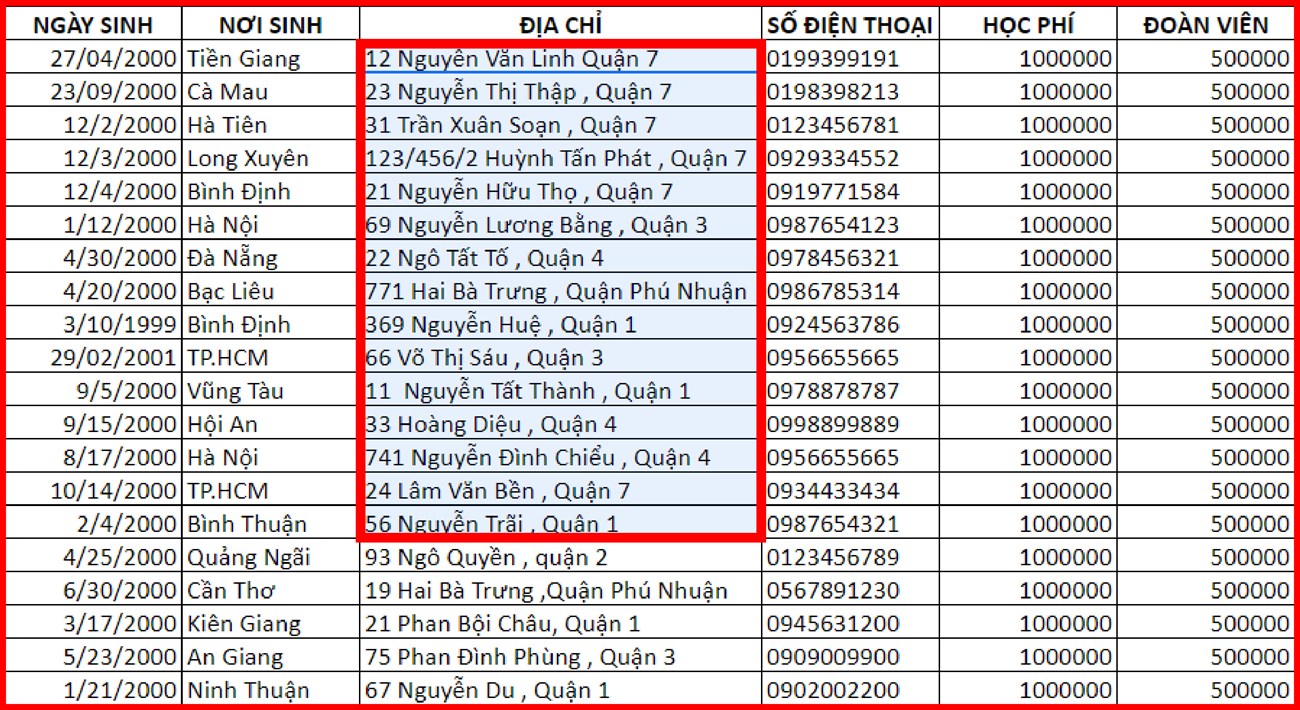 Bôi đen để lựa chọn các ô tính cần khóa