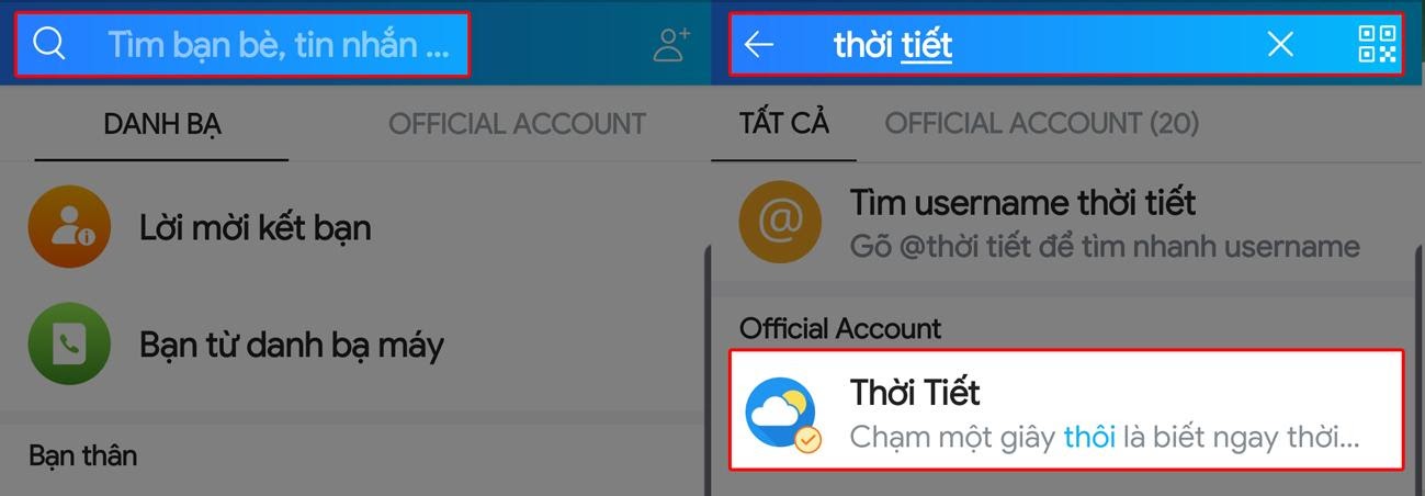 Tìm kiếm Thời tiết trên Zalo > Chọn Thời tiết