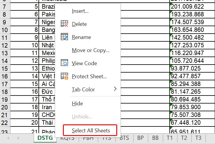 Nhấn chuột phải vào 1 sheet bất kỳ