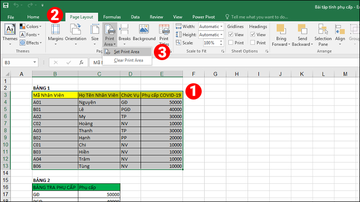 Thiết lập vùng cần in trong trang tính