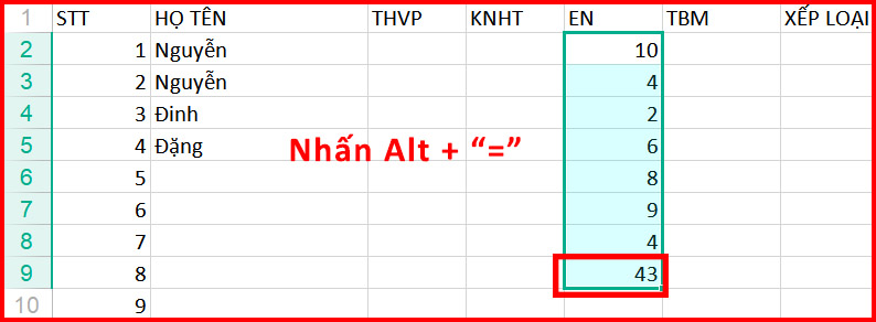 Nhấn Alt + 