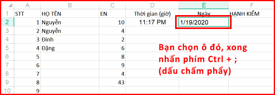 Điền nhanh ngày hiện tại vào 1 ô