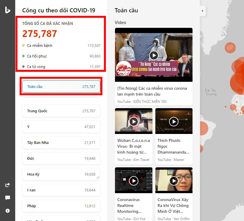 Số ca nhiễm bệnh, ca hồi phục và ca tử vong trên toàn cầu được hiển thị ở cột bên trái