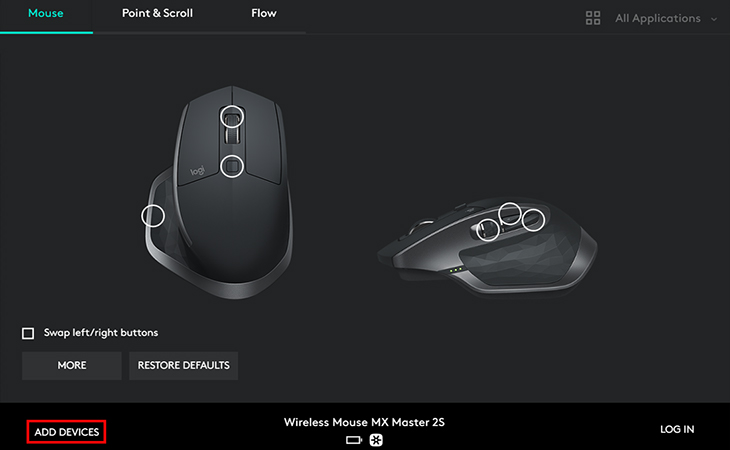 Giao diện ứng dụng Logitech Options - Chuột không dây Logitech MX Master 2S Đen
