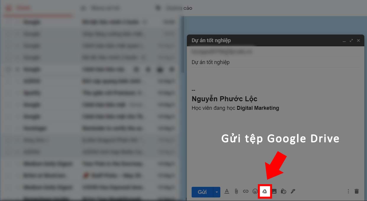 Nhấp vào biểu tượng Google Drive nhỏ góc dưới cửa sổ soạn email