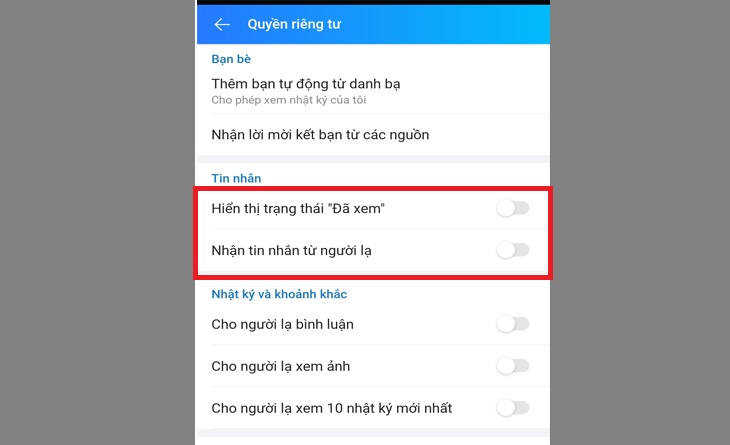 Bước 2: Tắt dòng Nhận tin nhắn từ người lạ và Hiện dòng trạng thái 