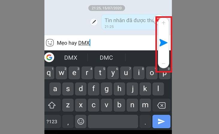 Bước 3: Nhấn và giữ biểu tượng Gửi, lúc này sẽ xuất hiện thanh tăng giảm kích cỡ chữ