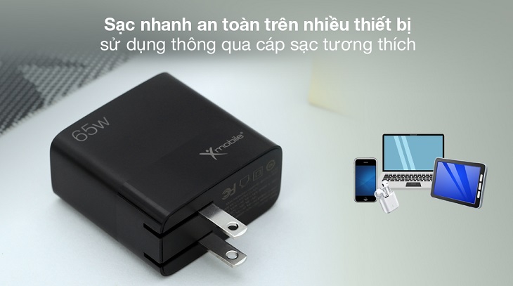 Adapter Sạc 2 cổng USB Type C PD QC 3.0 GaN 65W Xmobile MFR65 Đen