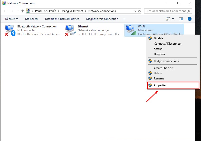 Nhấn chuột phải vào mạng bạn đang kết nối và chọn Properties.