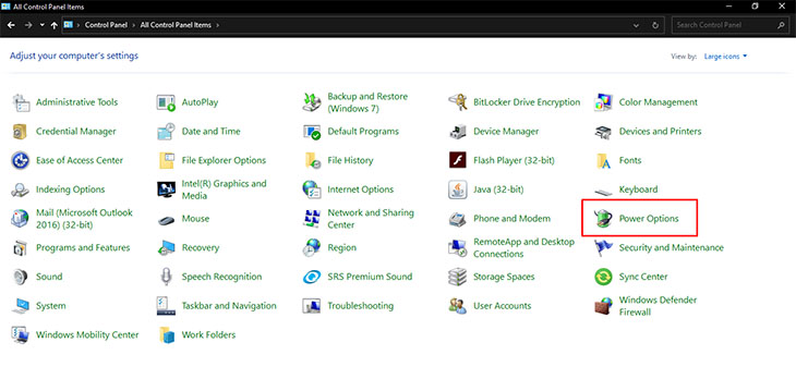 Vào Control Panel, chọn Power Options