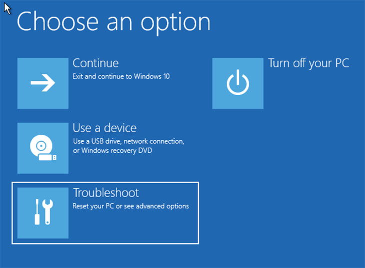 Chọn Troubleshoot > Advanced Options