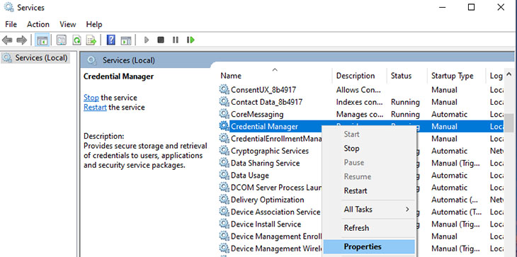 Nhấp chuột phải vào Credential Manager, chọn Properties