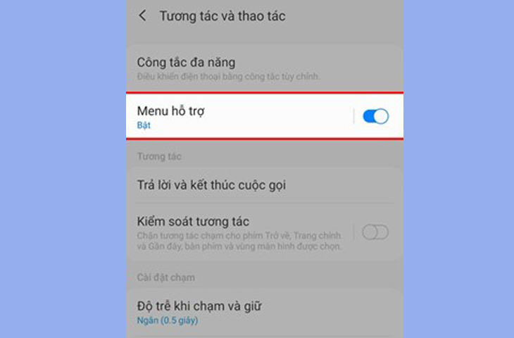 Gạt thanh trượt để kích hoạt phím Home ảo ở mục Menu hỗ trợ