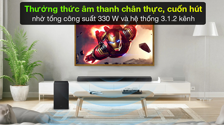 Loa thanh Samsung HW-Q700A cung cấp âm thanh chất lượng cao với 3.1.2 kênh và tổng công suất 330W