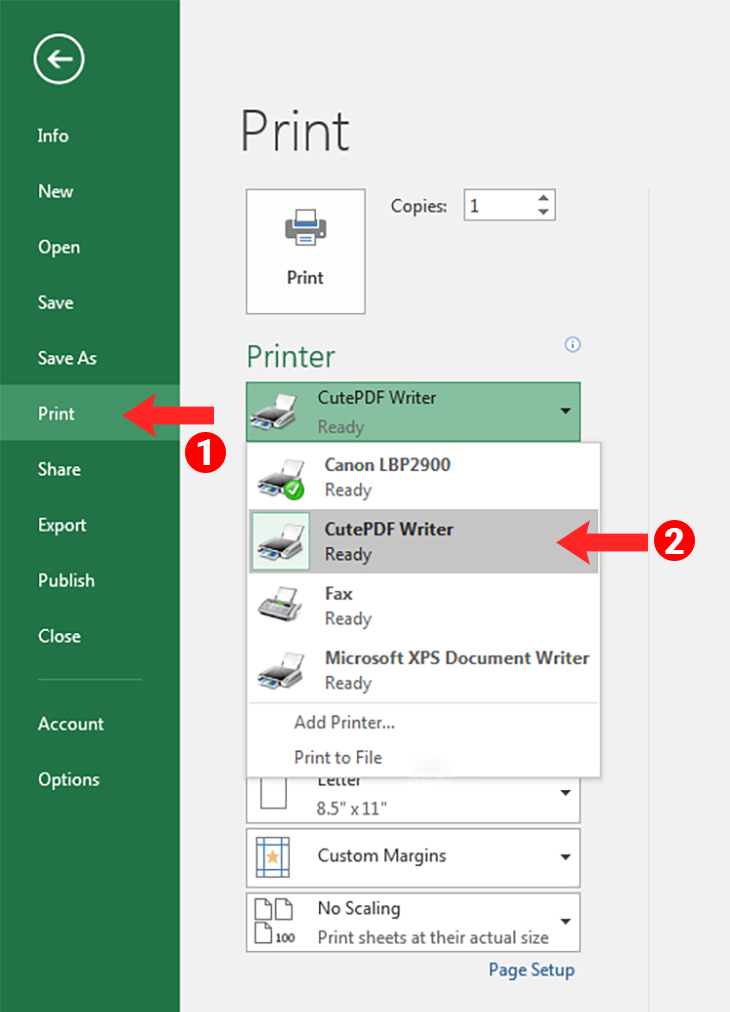 Vào thẻ File ở góc trái trên -> Print -> chọn CutePDF Writer -> chọn Print