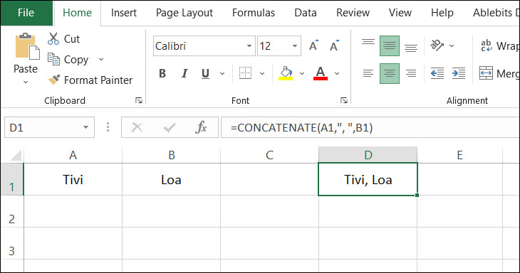 Kết quả khi sử dụng hàm CONCATENATE trong Excel