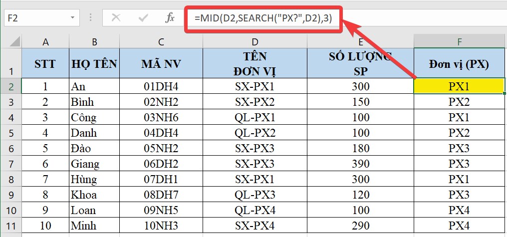 Dùng hàm SEARCH kết hợp hàm MID để trả về văn bản