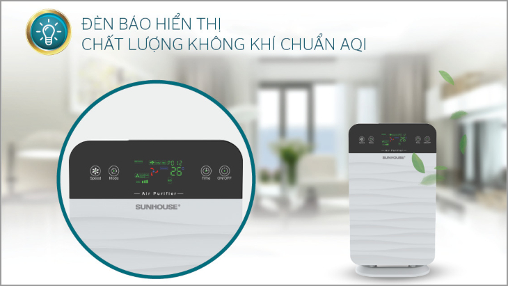 Đèn báo hiển thị chất lượng không khí theo chuẩn AQI trên máy lọc không khí Sunhouse