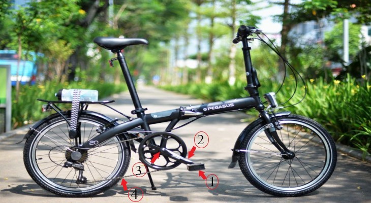 Pedal xe đạp được cấu tạo bao gồm Bàn đạp (1) Tay quay (2) Trục chính (3) Sên xích (4)