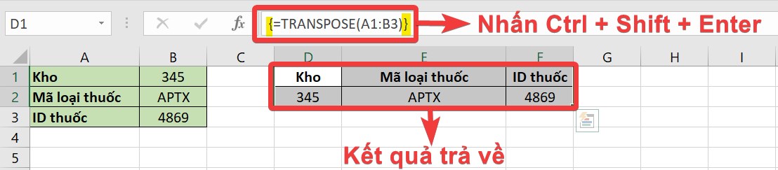 Áp dụng công thức mảng và xem kết quả trả về