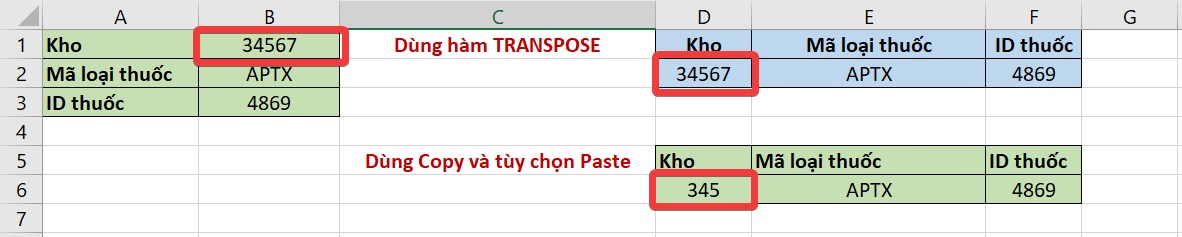 Dữ liệu tại các ô sau khi đổi số 345 thành 34567 tại ô B1