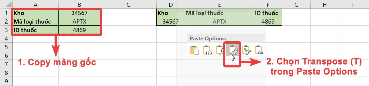 Copy mảng rồi chọn Transpose (T) trong Paste Options