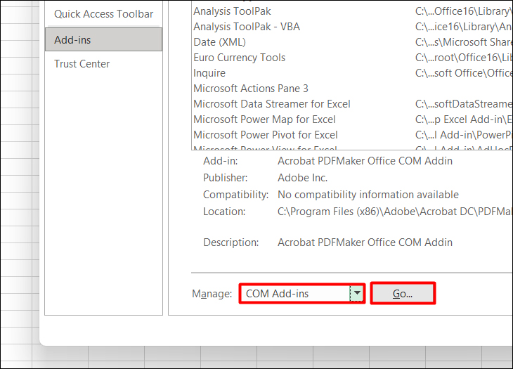 Chọn COM Add-ins tại mục Manage và nhấn Go