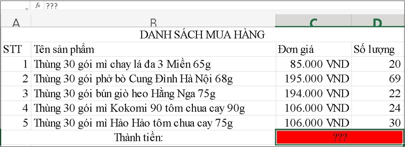 Tìm tổng thành tiền của danh sách mua hàng