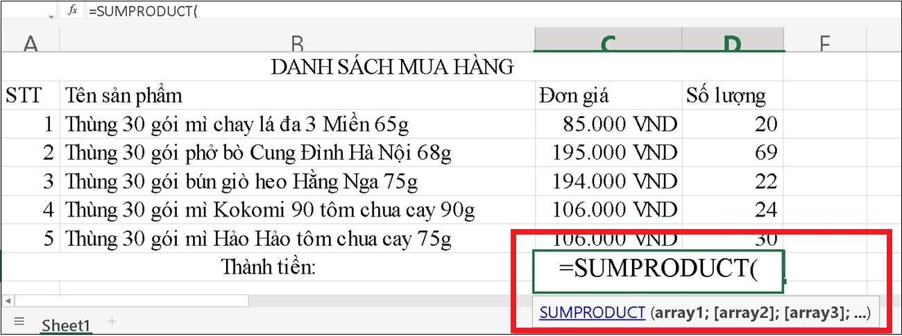 Bạn sử dụng hàm SUMPRODUCT theo công thức