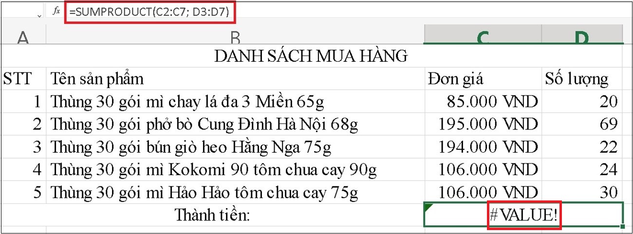 Hàm SUMPRODUCT hiển thị #VALUE