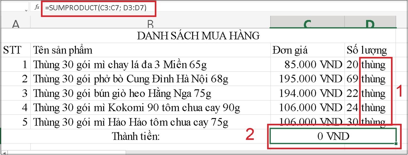 Một vài giá trị không được sử dụng trong hàm SUMPRODUCT