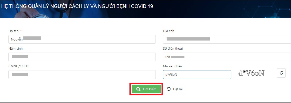 Điền thông tin của người bệnh COVID-19 như họ và tên, năm sinh, địa chỉ, số CMND/CCCD và chọn Tìm kiếm