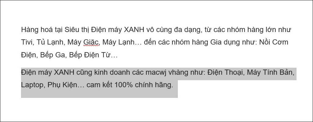 Kết quả tắt kiểm tra lỗi chính tả ở một đoạn văn bản