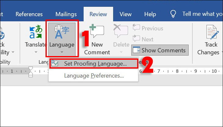 Nhấp vào tùy chọn Language > Chọn Set proofing language