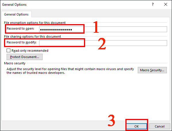 Ở hộp thoại General Options, nhập mật khẩu bạn muốn đặt cho file Word