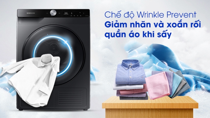 Chế độ Wrinkle Prevent trên máy sấy Samsung giúp giảm nhăn và xoắn rối quần áo