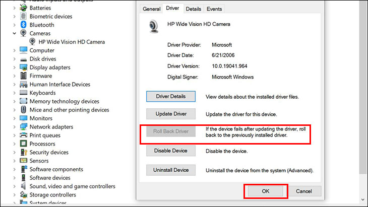 Chọn Roll Back driver và thao tác theo các bước hướng dẫn.