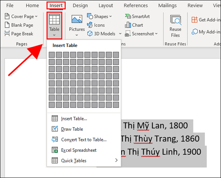 Bạn vào tab Insert, sau đó chọn Table.