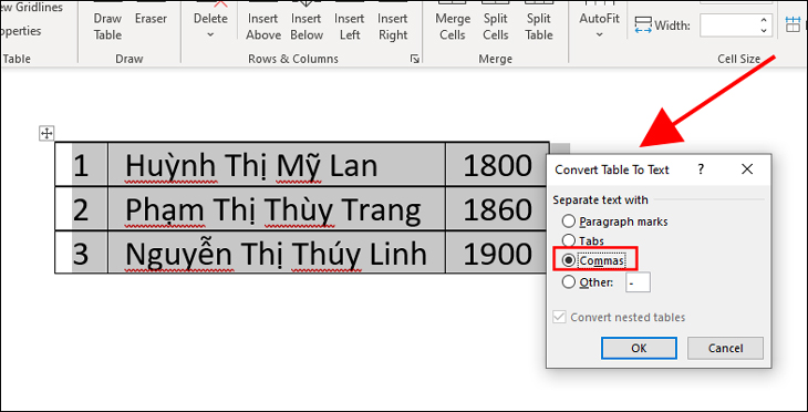 Chọn Commas để văn bản phân cách bởi bảng thành dấu phẩy