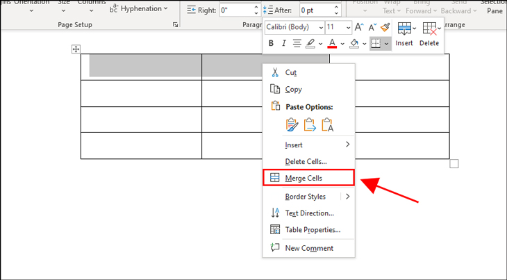 Bạn click chuột trái và chọn Merge Cells.