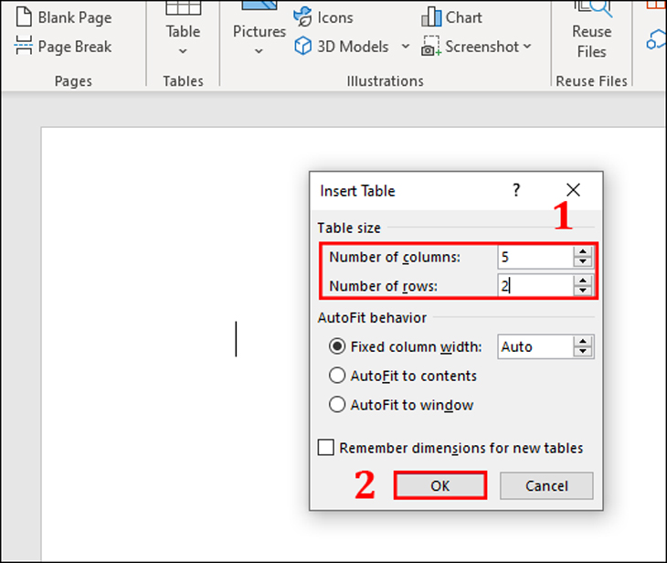 Điền số cột và số hàng bạn muốn tạo và nhấn OK để tạo bảng.