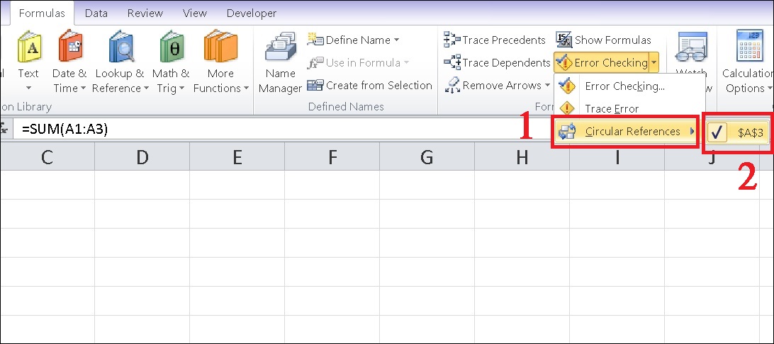 Bạn chọn Circular References. Excel sẽ chỉ cho bạn ô bị lỗi vòng lặp