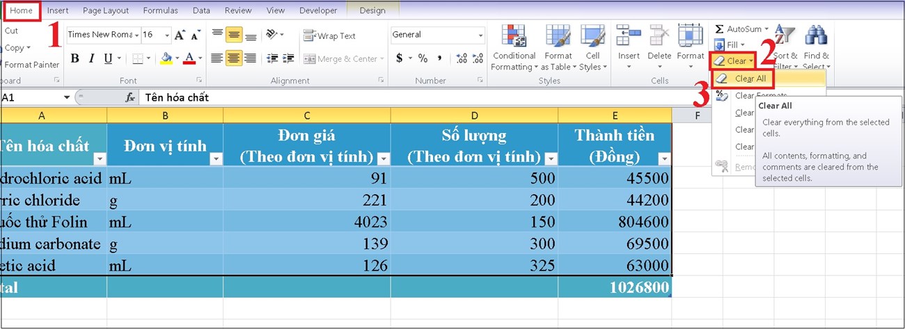 Chọn phần Clear ở thẻ Home > Clear All