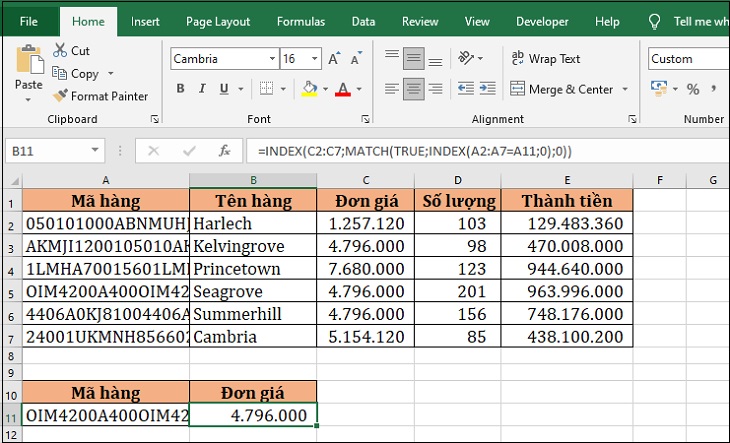 Sử dụng hàm INDEX và MATCH