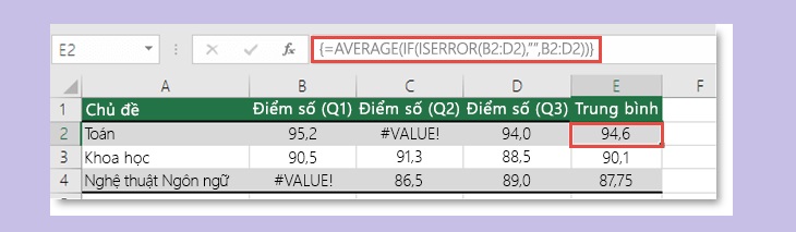 Lỗi #VALUE! khi kết hợp hàm SUM, AVERAGE với hàm ISEROR, IF hoặc IFERROR