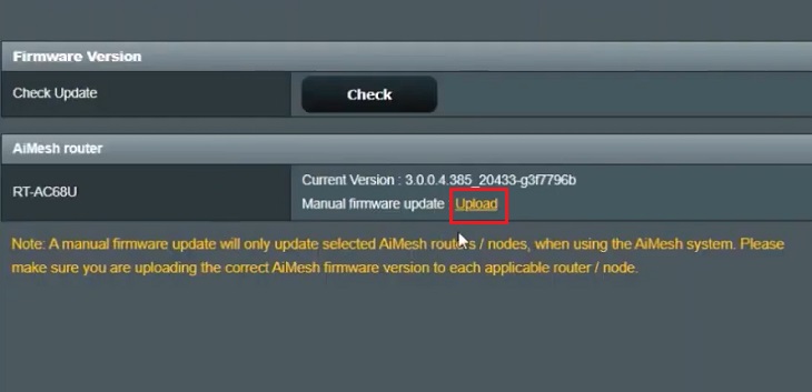 Nhấp chọn Upload trong phần Manual firmware update.